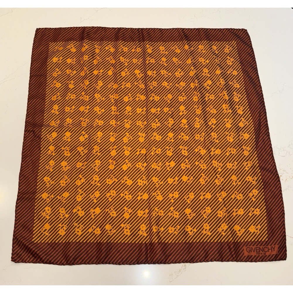 Vintage Givenchy Striped Brown Gold Silk Scarf 26"